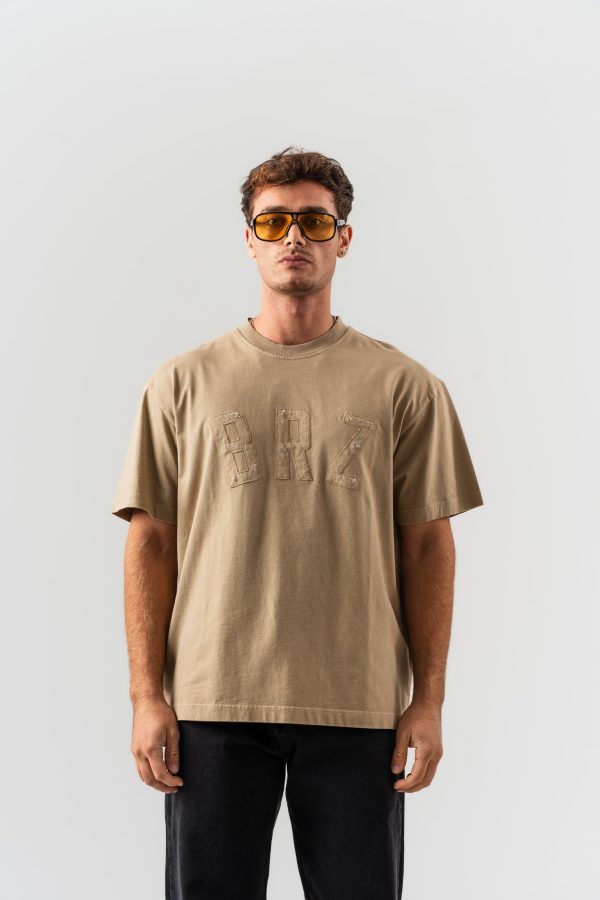 BORZ Aplike Nakışlı Oversize Kalıp Bisiklet Yaka T-shirt - Bej — Bej