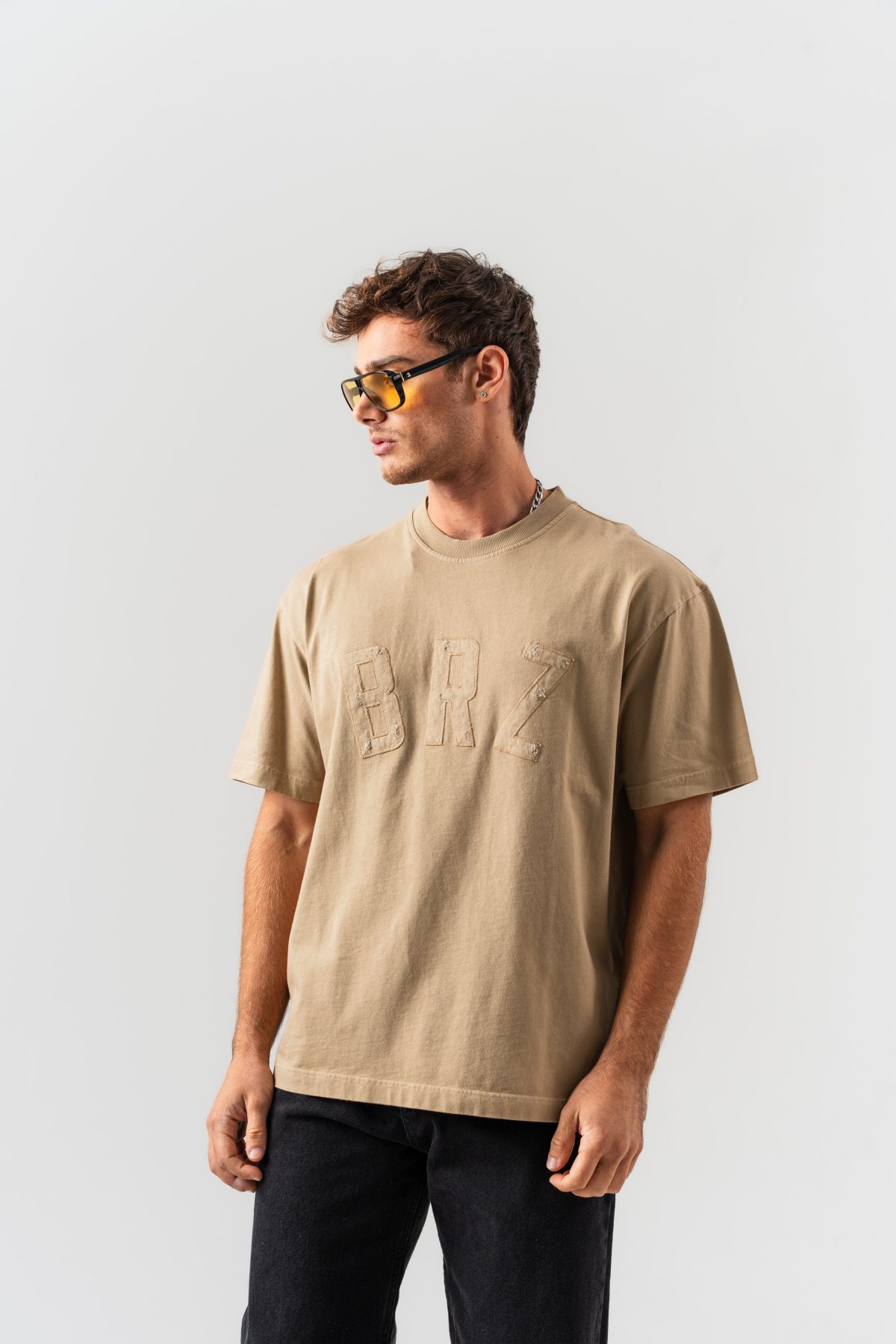 BORZ Aplike Nakışlı Oversize Kalıp Bisiklet Yaka T-shirt - Bej — Bej (3)