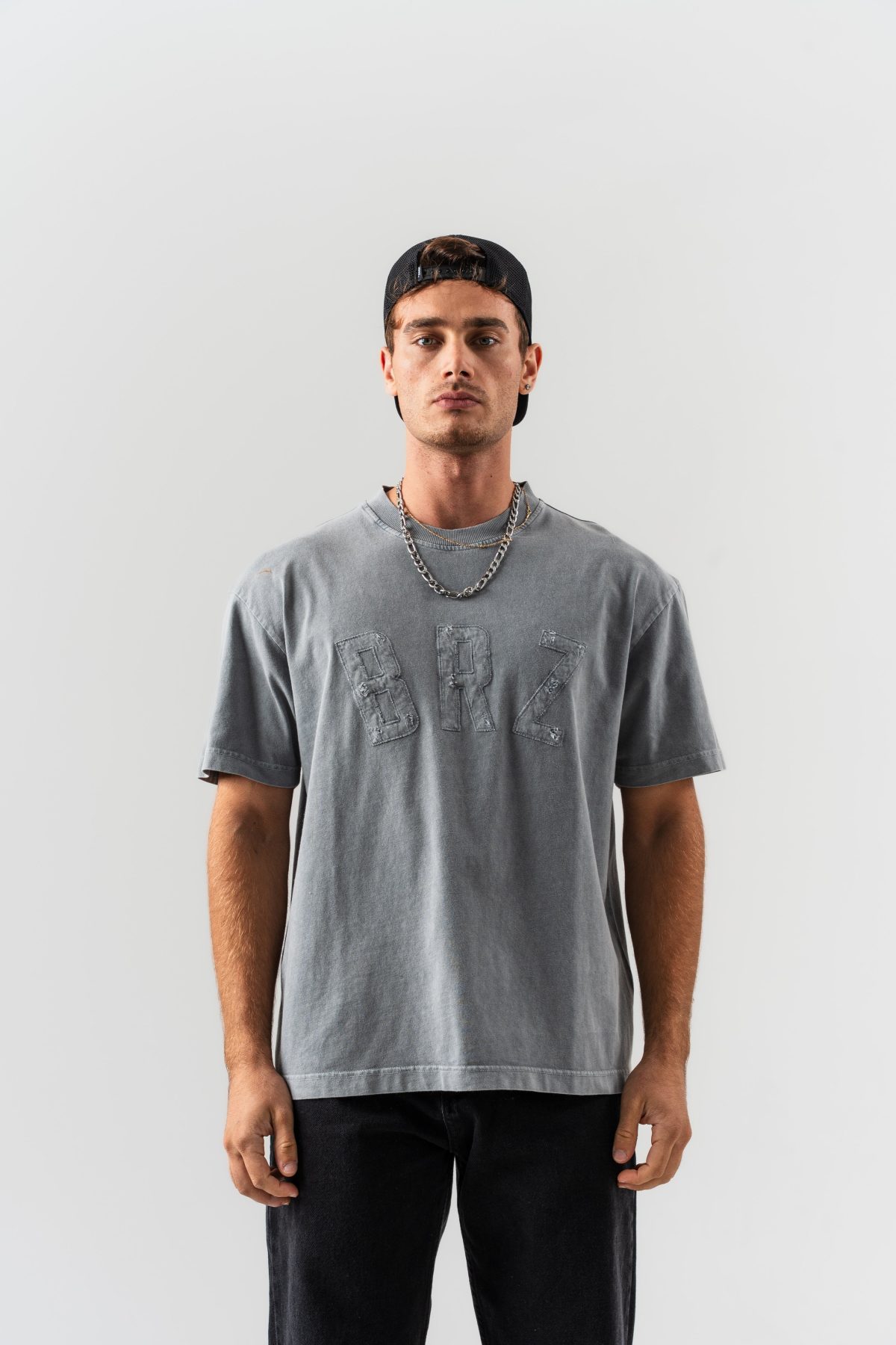 BORZ Aplike Nakışlı Oversize Kalıp Bisiklet Yaka T-shirt - Gri — Gri (1)