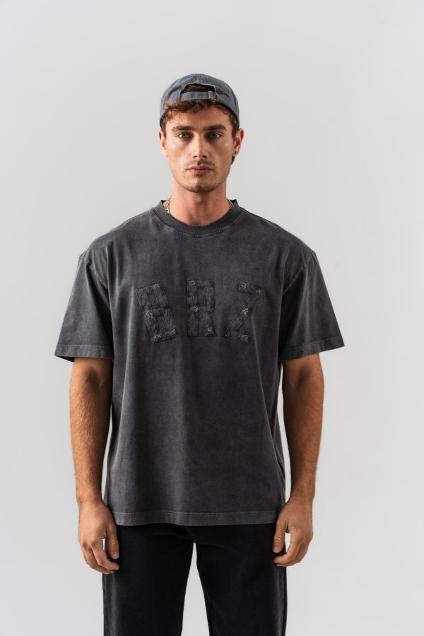 BORZ Aplike Nakışlı Oversize Kalıp Bisiklet Yaka T-shirt - Siyah — Siyah