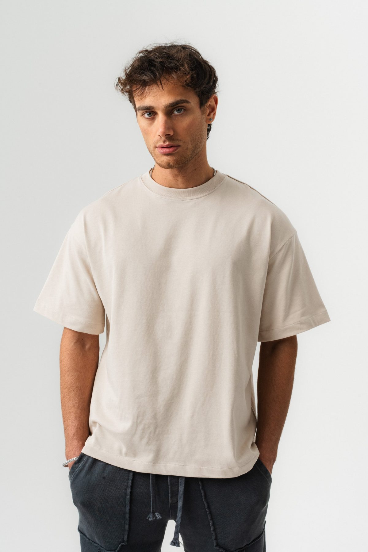 BORZ Oversize Kalıp Basic T-shirt - Bej — Bej (4)