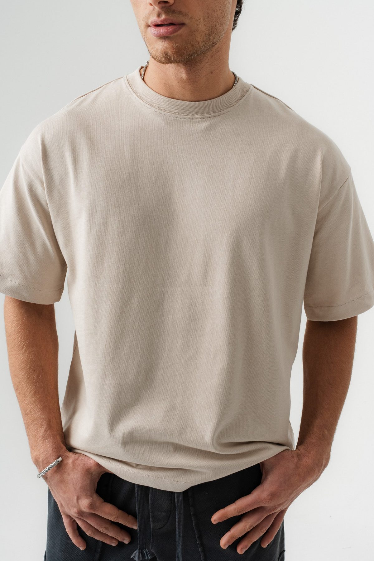 BORZ Oversize Kalıp Basic T-shirt - Bej — Bej (5)