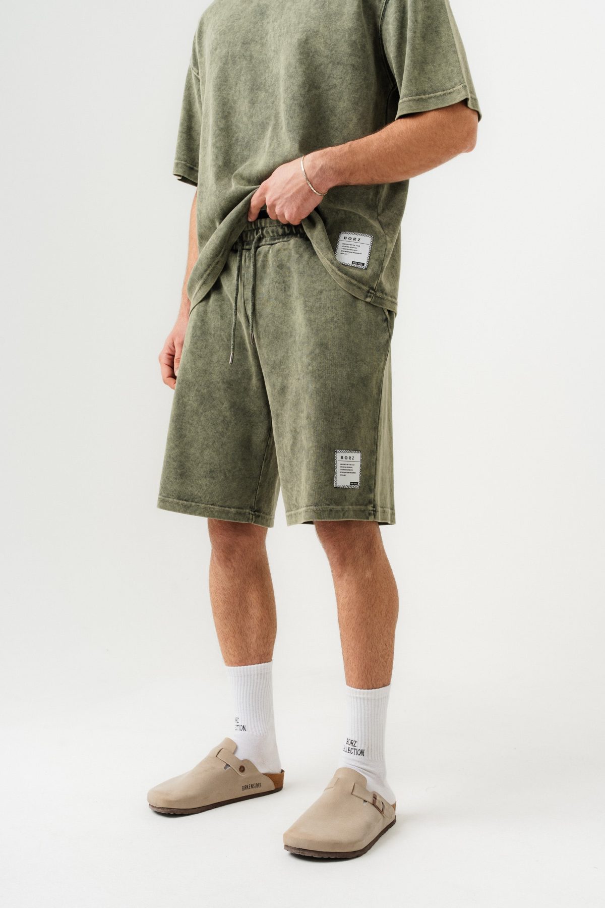 BORZ Soluk Efektli Oversize Kalıp T-shirt ve Şort Takımı — Haki (8)