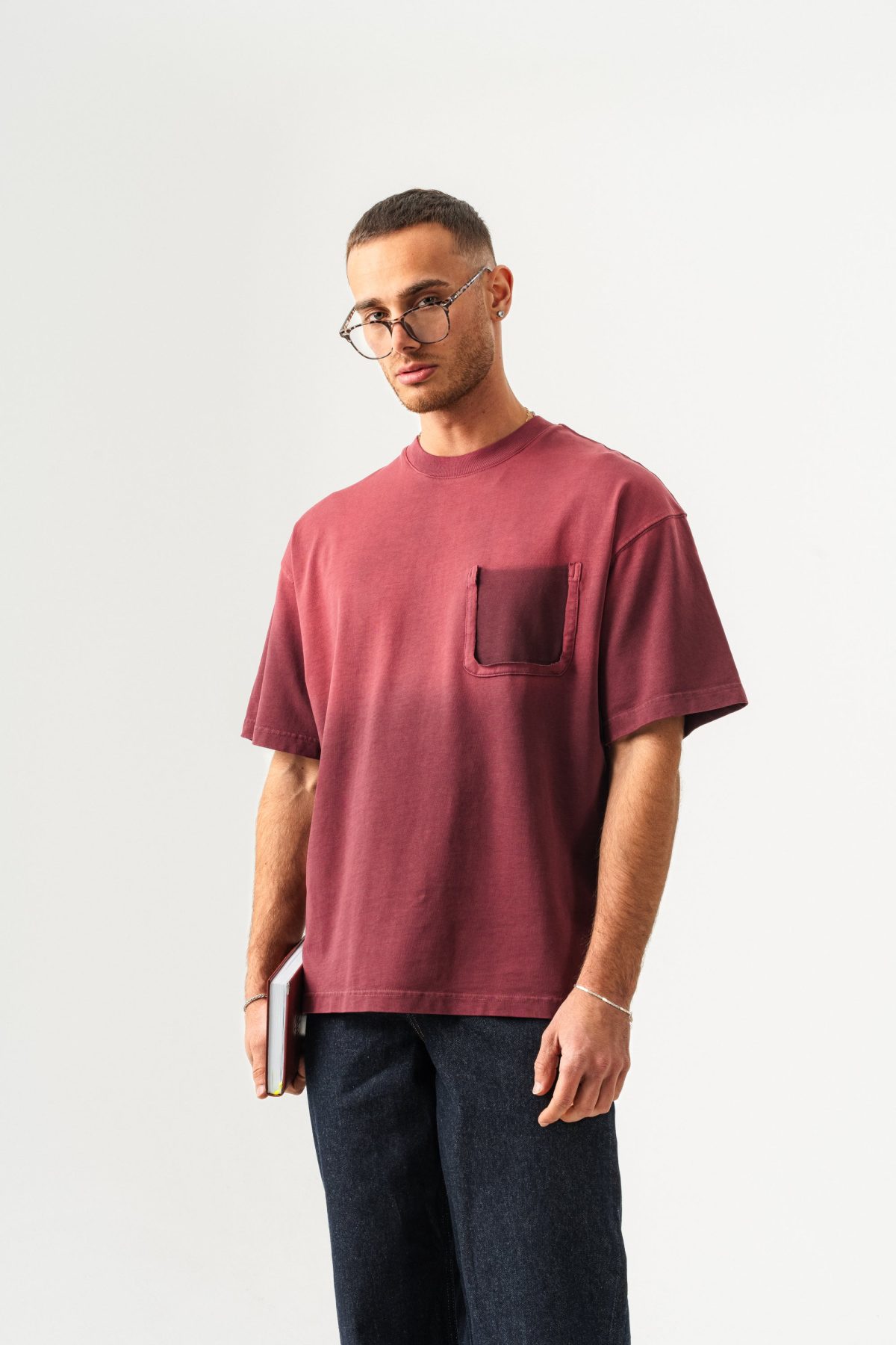 BORZ UNISEX CEPLİ-YIKAMALI OVERSİZE TİŞÖRT — Bordo (1)