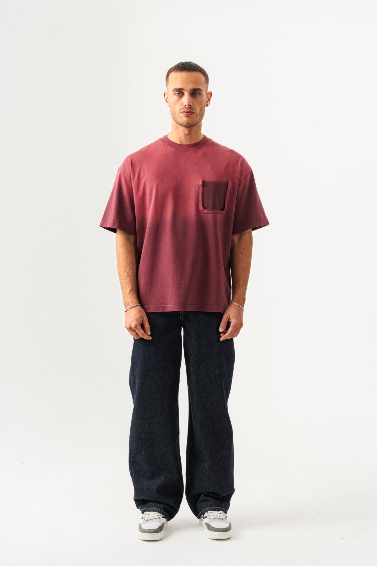 BORZ UNISEX CEPLİ-YIKAMALI OVERSİZE TİŞÖRT — Bordo (4)