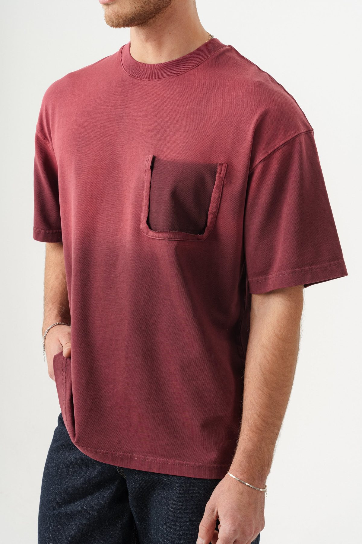 BORZ UNISEX CEPLİ-YIKAMALI OVERSİZE TİŞÖRT — Bordo (8)