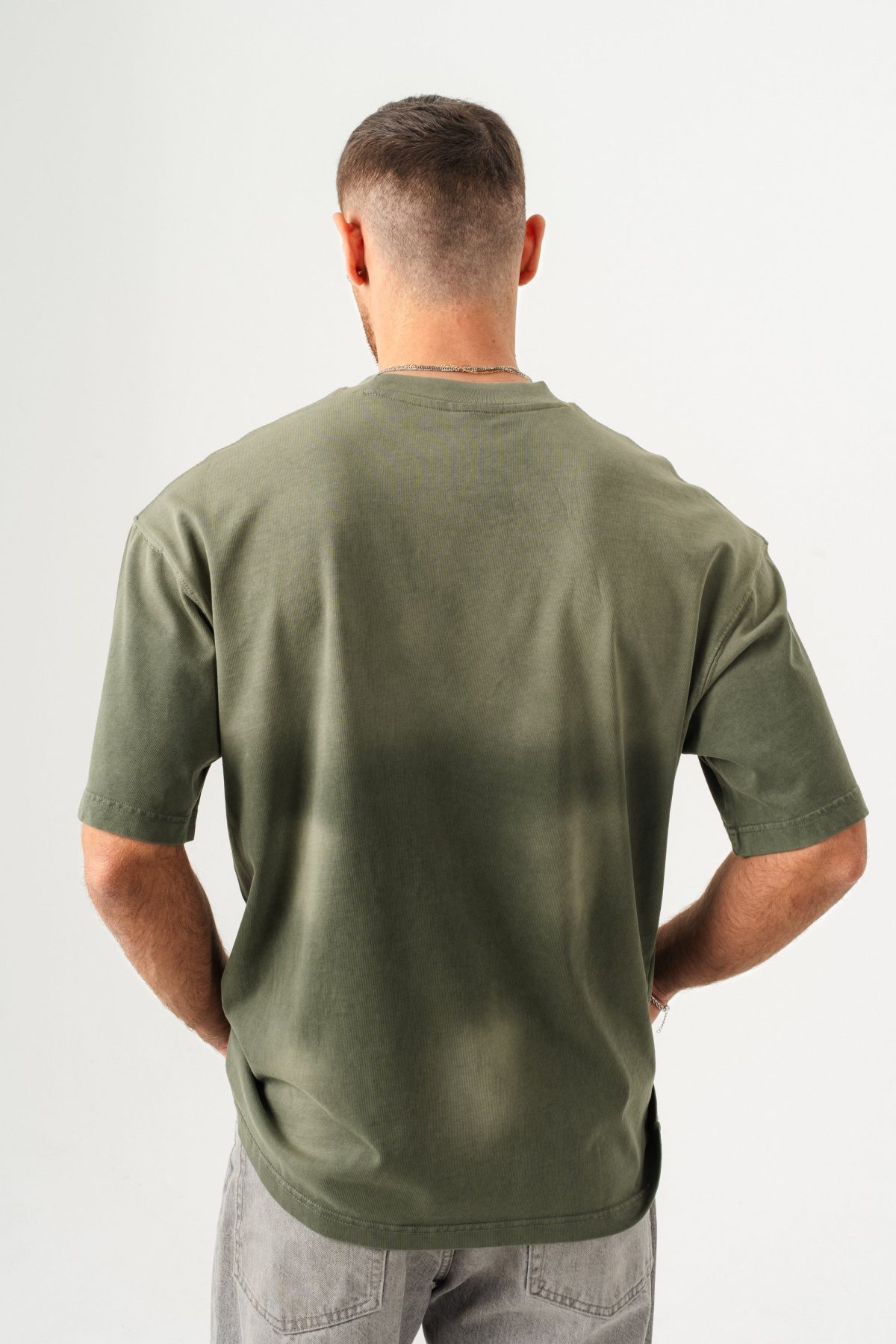 BORZ UNISEX GEÇİŞLİ - YIKAMALI OVERSIZE TİŞÖRT — Haki (3)