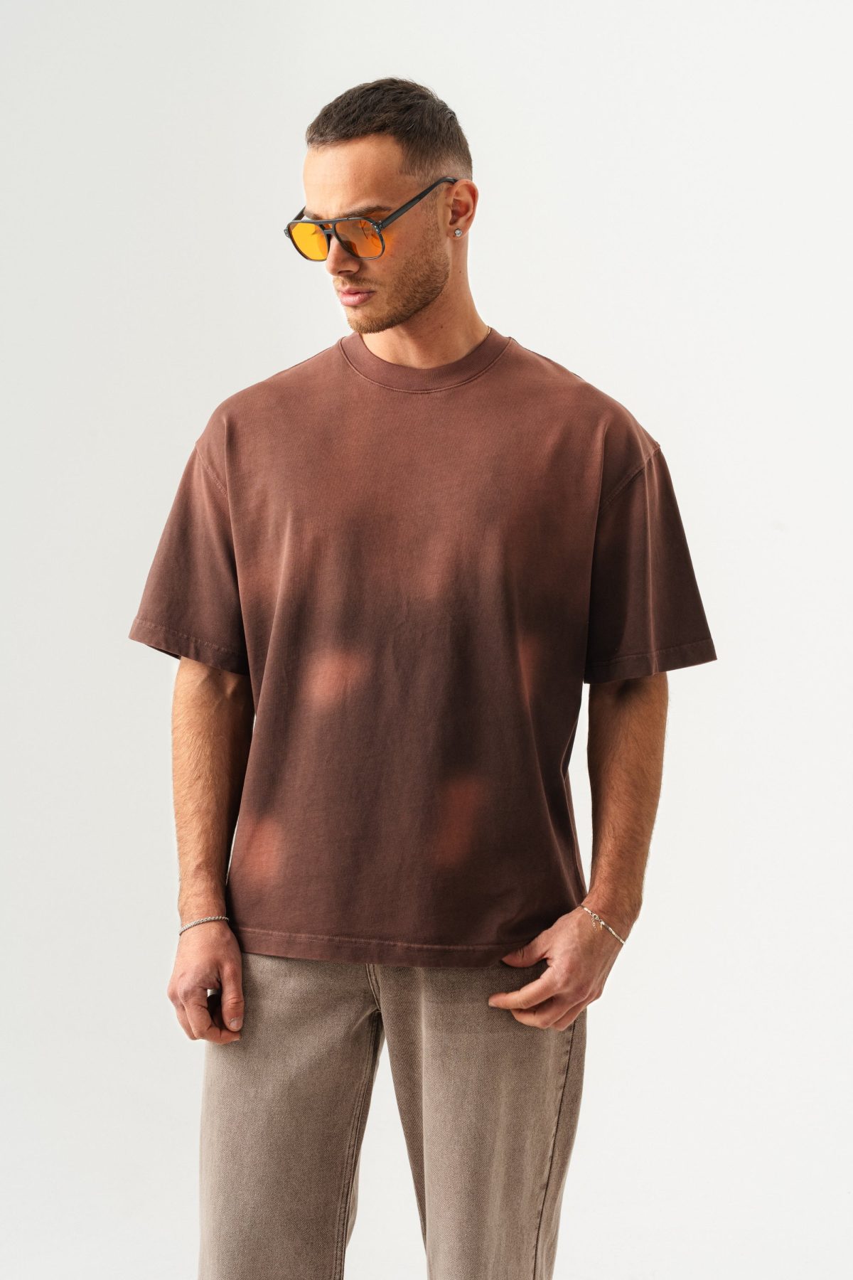 BORZ UNISEX GEÇİŞLİ - YIKAMALI OVERSIZE TİŞÖRT — Kahverengi (1)
