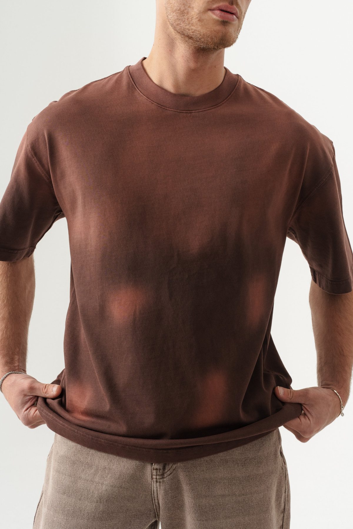 BORZ UNISEX GEÇİŞLİ - YIKAMALI OVERSIZE TİŞÖRT — Kahverengi (5)