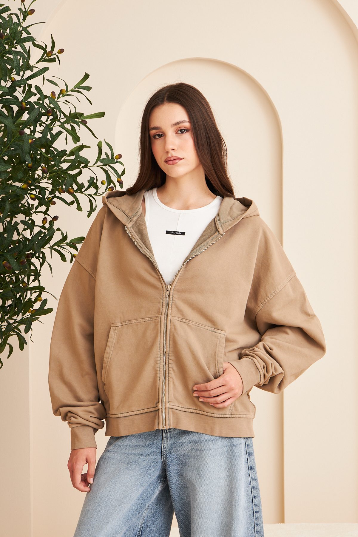 Kadın Oversize Fermuarlı Kapüşonlu Sweatshirt —  (1)