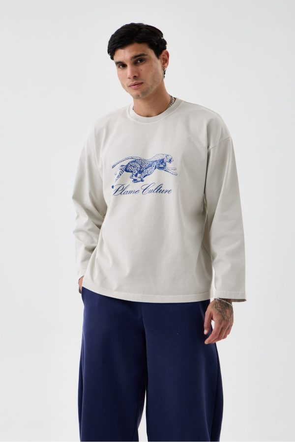 Unisex Ekru Çita Baskılı Oversize Fit Uzun Kollu T-Shirt