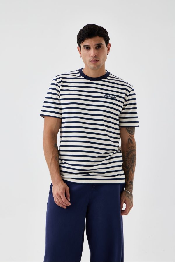 Unisex Ekru-Lacivert Çizgili Oversize Fit Nakışlı Bisiklet Yaka T-Shirt