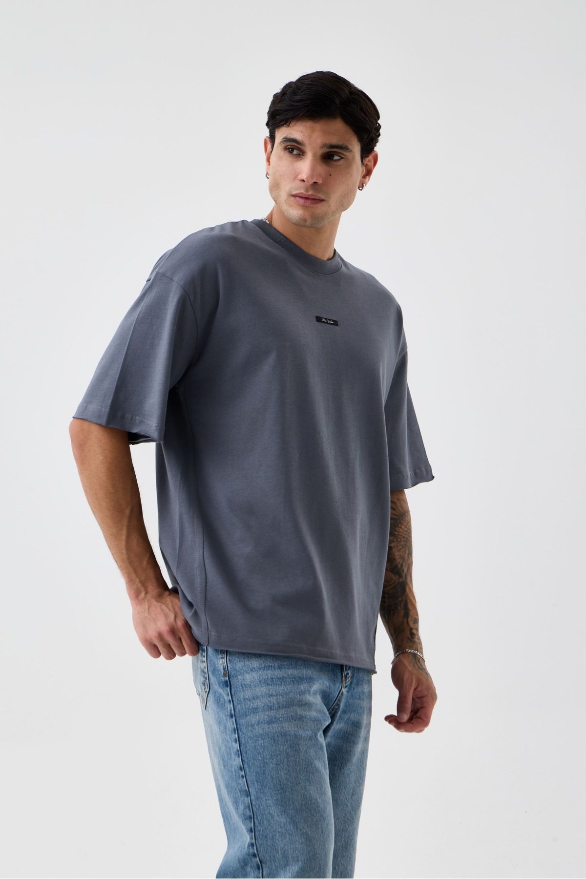Erkek Soluk Efektli Boyfriend Kalıp Bisiklet Yaka T-shirt —  (2)
