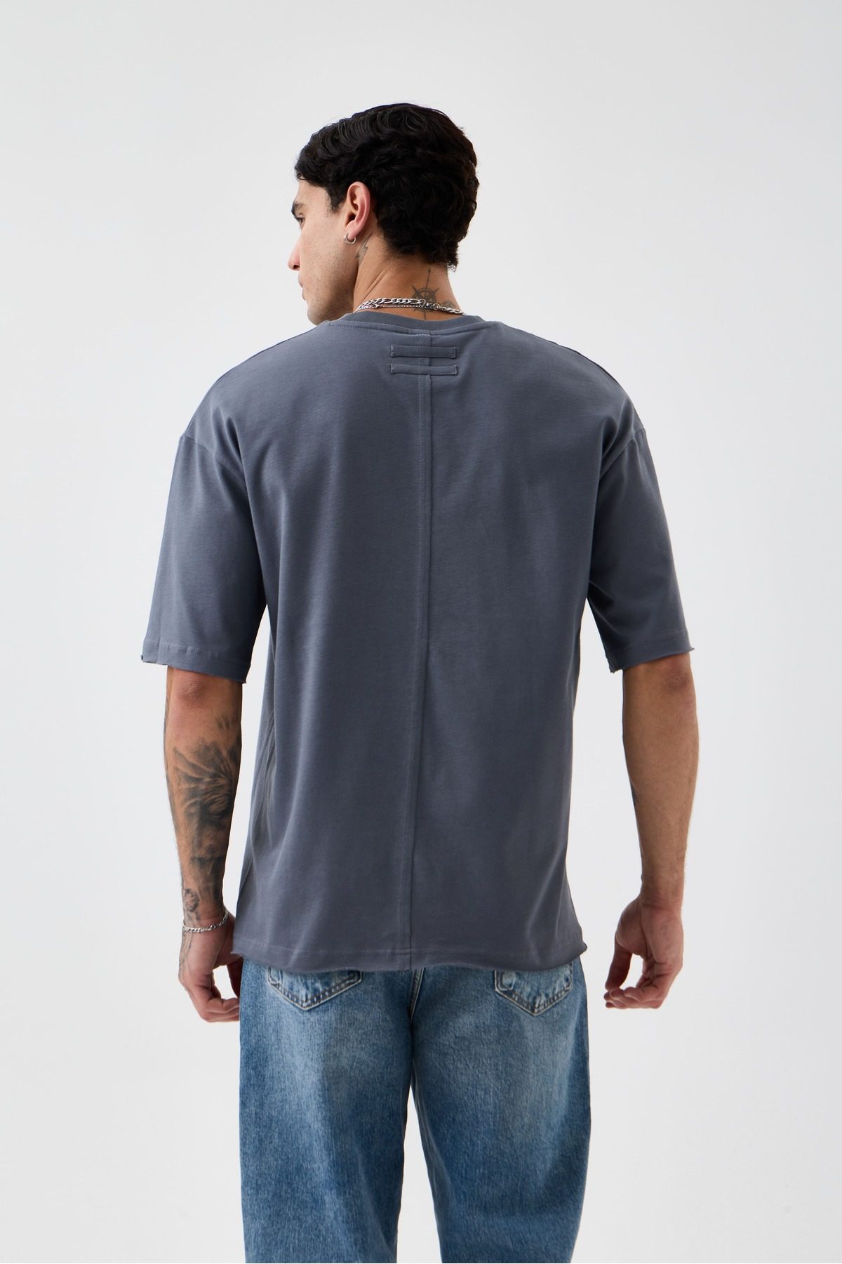 Erkek Soluk Efektli Boyfriend Kalıp Bisiklet Yaka T-shirt —  (4)