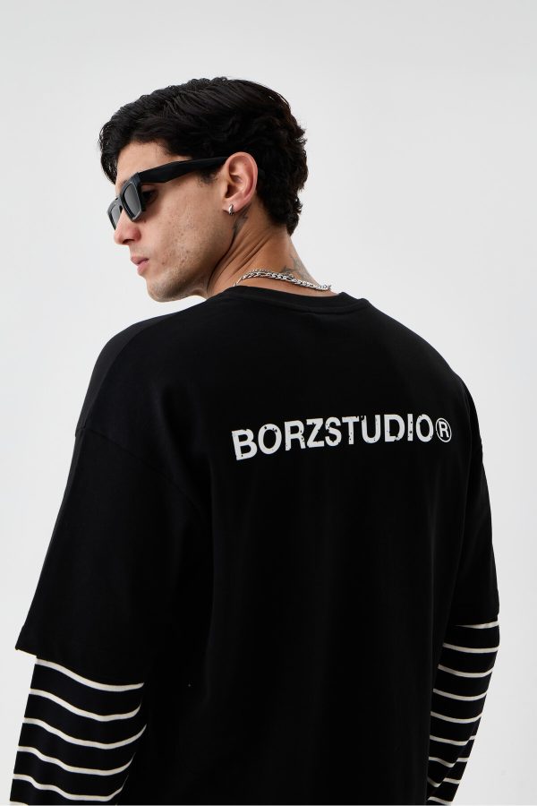 Unisex Lacivert-Beyaz Çizgili Oversize Kalıp Bisiklet Yaka Uzun Kollu T-shirt.