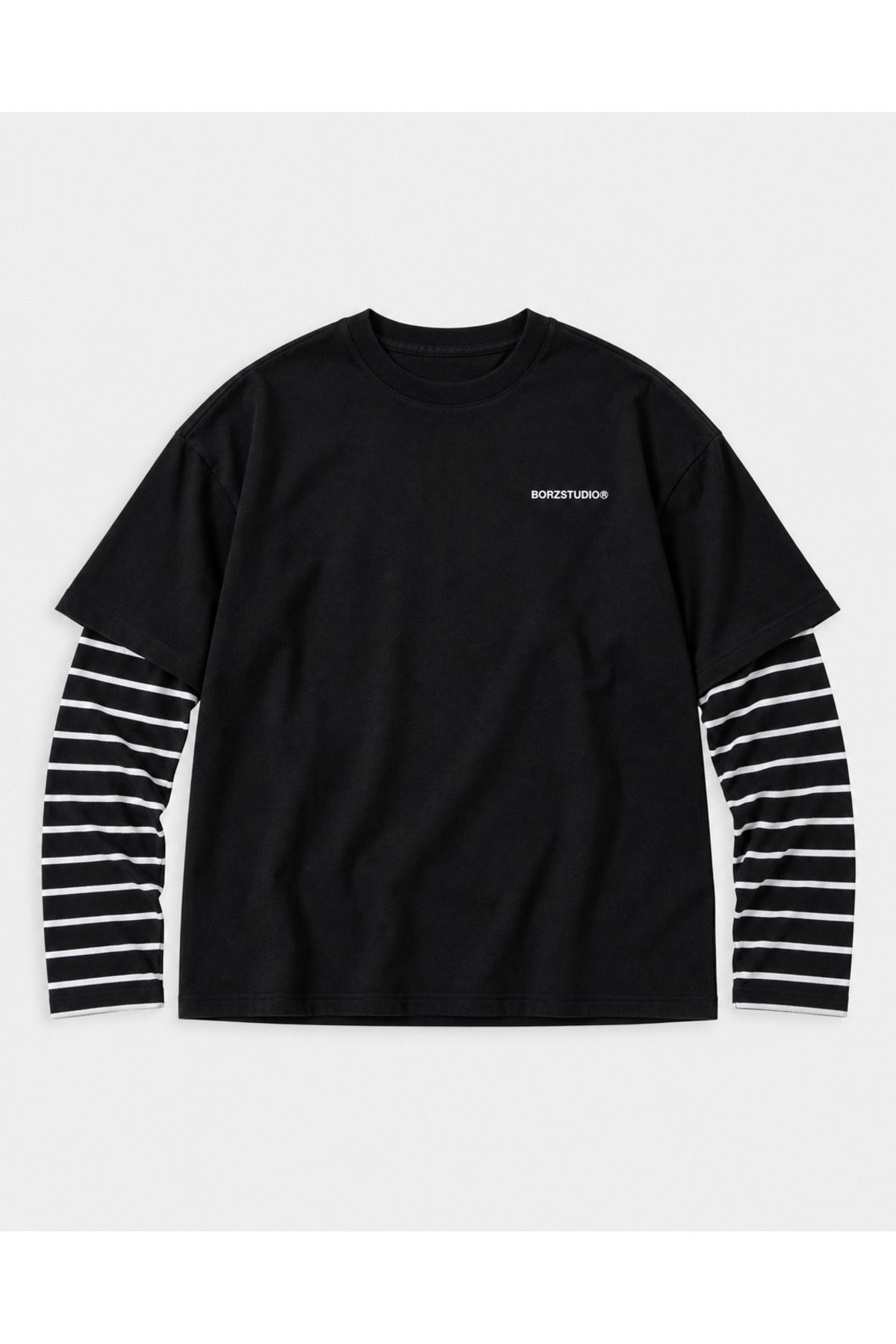 Unisex Lacivert-Beyaz Çizgili Oversize Kalıp Bisiklet Yaka Uzun Kollu T-shirt. —  (6)