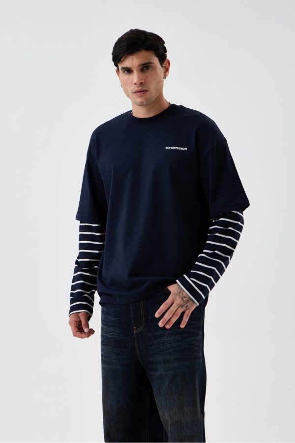 Unisex Lacivert-Beyaz Çizgili Oversize Kalıp Bisiklet Yaka Uzun Kollu T-shirt.
