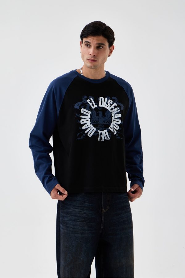 Çift Renk Kartal Baskılı Detaylı Oversize Uzun Kollu Tshirt