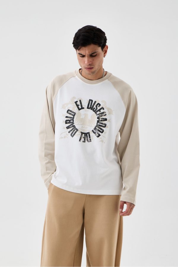 Çift Renk Kartal Baskılı Detaylı Oversize Uzun Kollu Tshirt