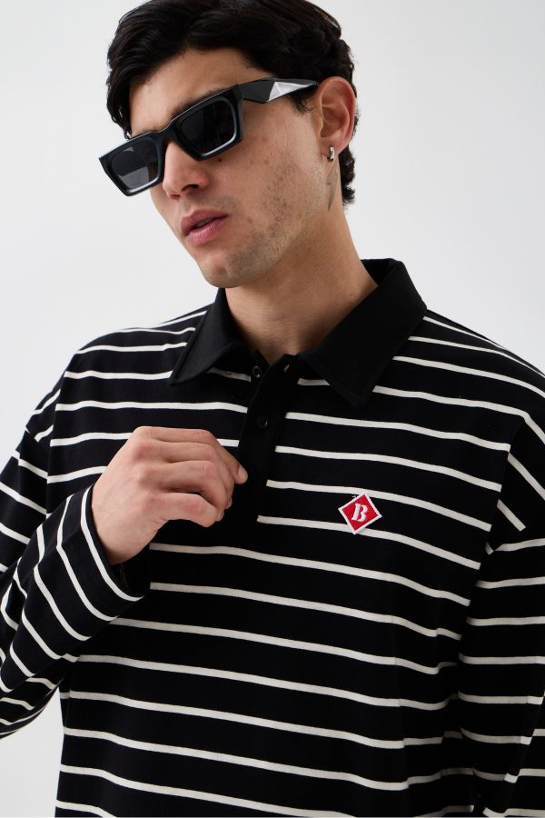 Erkek Lacivert-Beyaz Çizgili Oversize Fit Polo Yaka Uzun Kollu T-Shirt