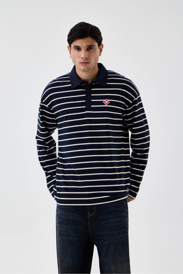 Erkek Lacivert-Beyaz Çizgili Oversize Fit Polo Yaka Uzun Kollu T-Shirt