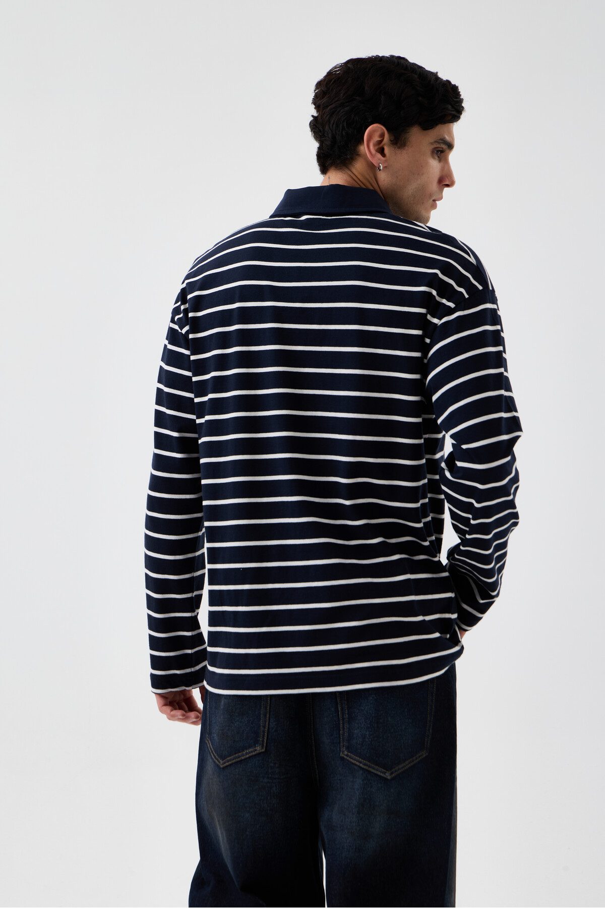 Erkek Lacivert-Beyaz Çizgili Oversize Fit Polo Yaka Uzun Kollu T-Shirt —  (2)