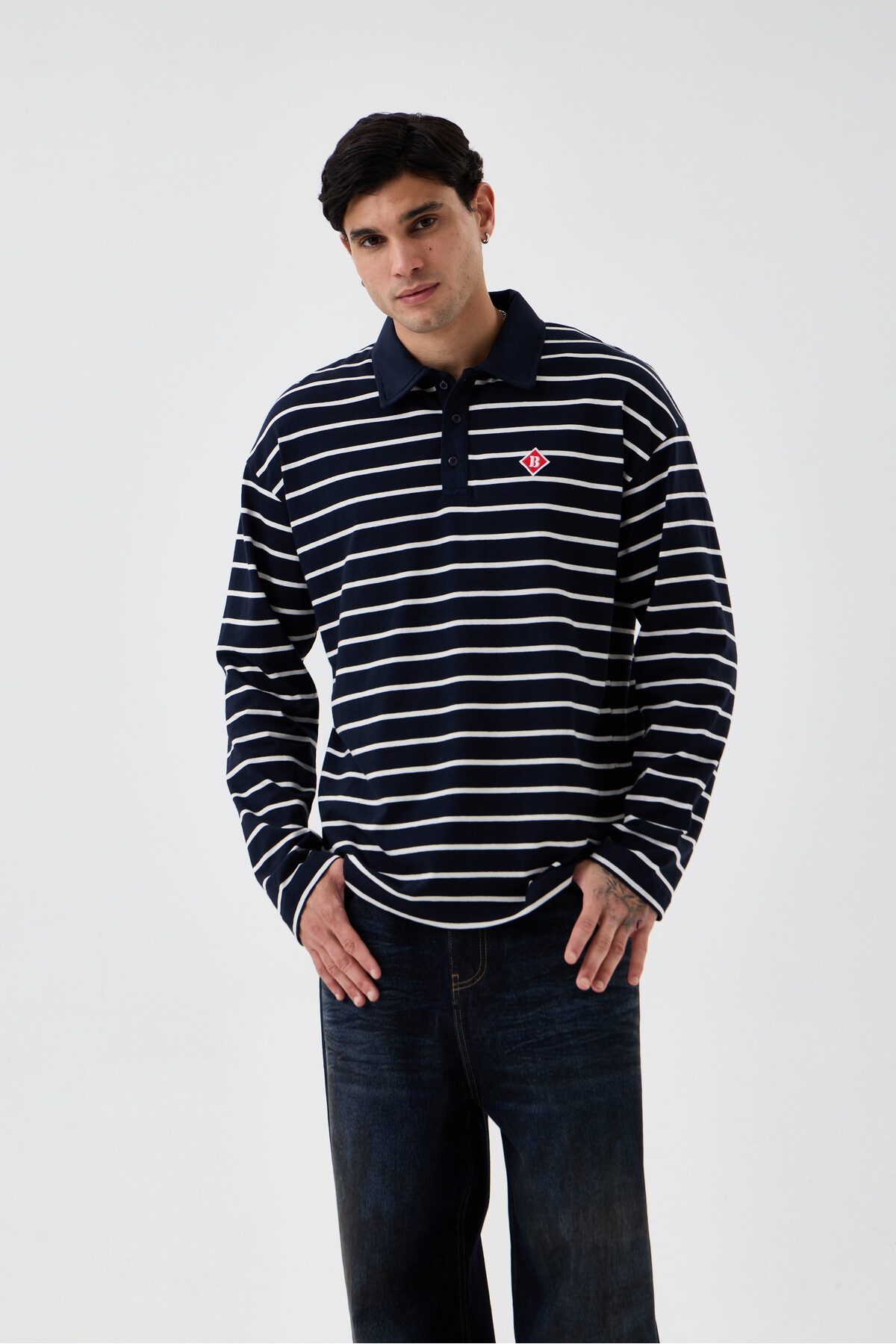Erkek Lacivert-Beyaz Çizgili Oversize Fit Polo Yaka Uzun Kollu T-Shirt —  (4)
