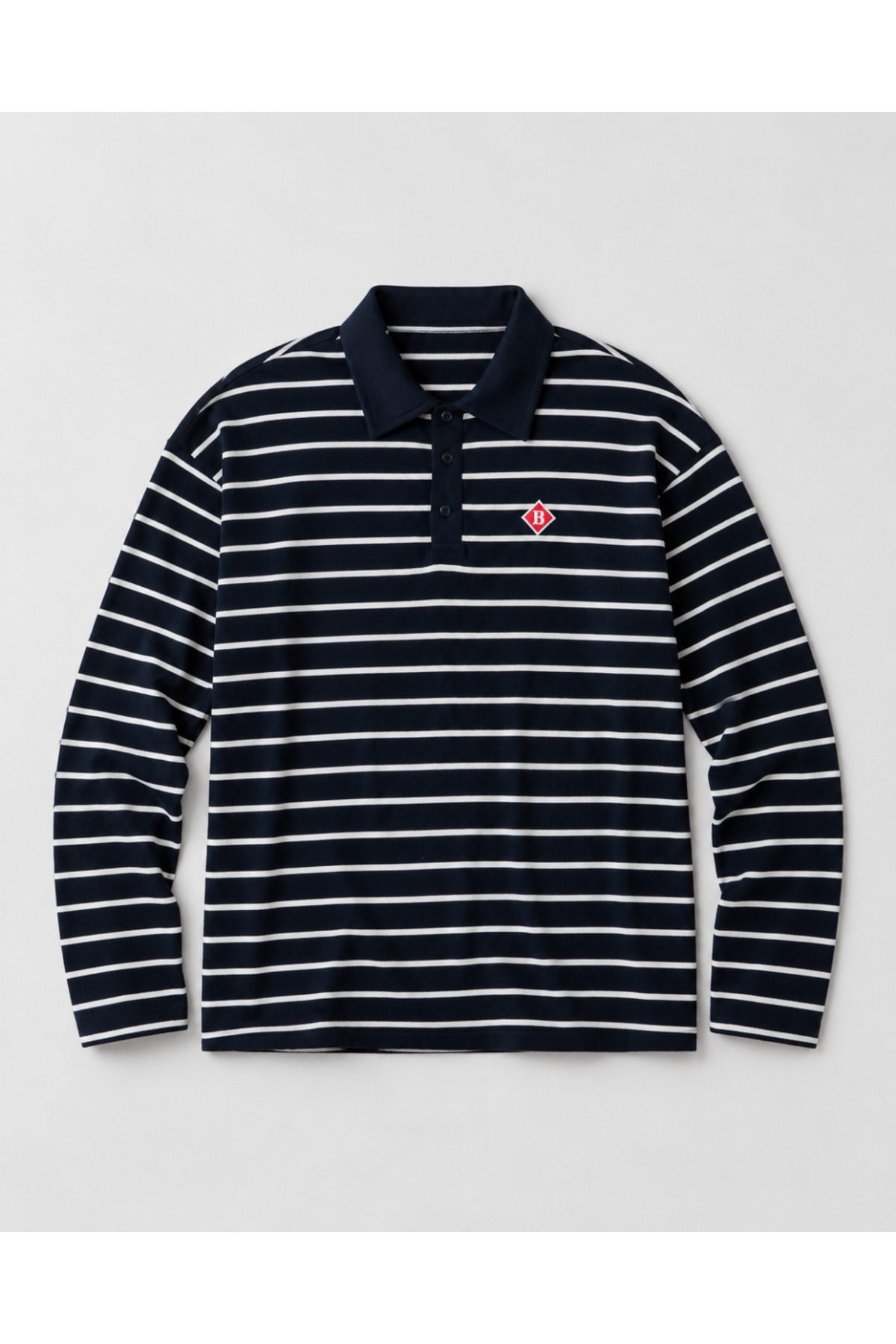 Erkek Lacivert-Beyaz Çizgili Oversize Fit Polo Yaka Uzun Kollu T-Shirt —  (6)