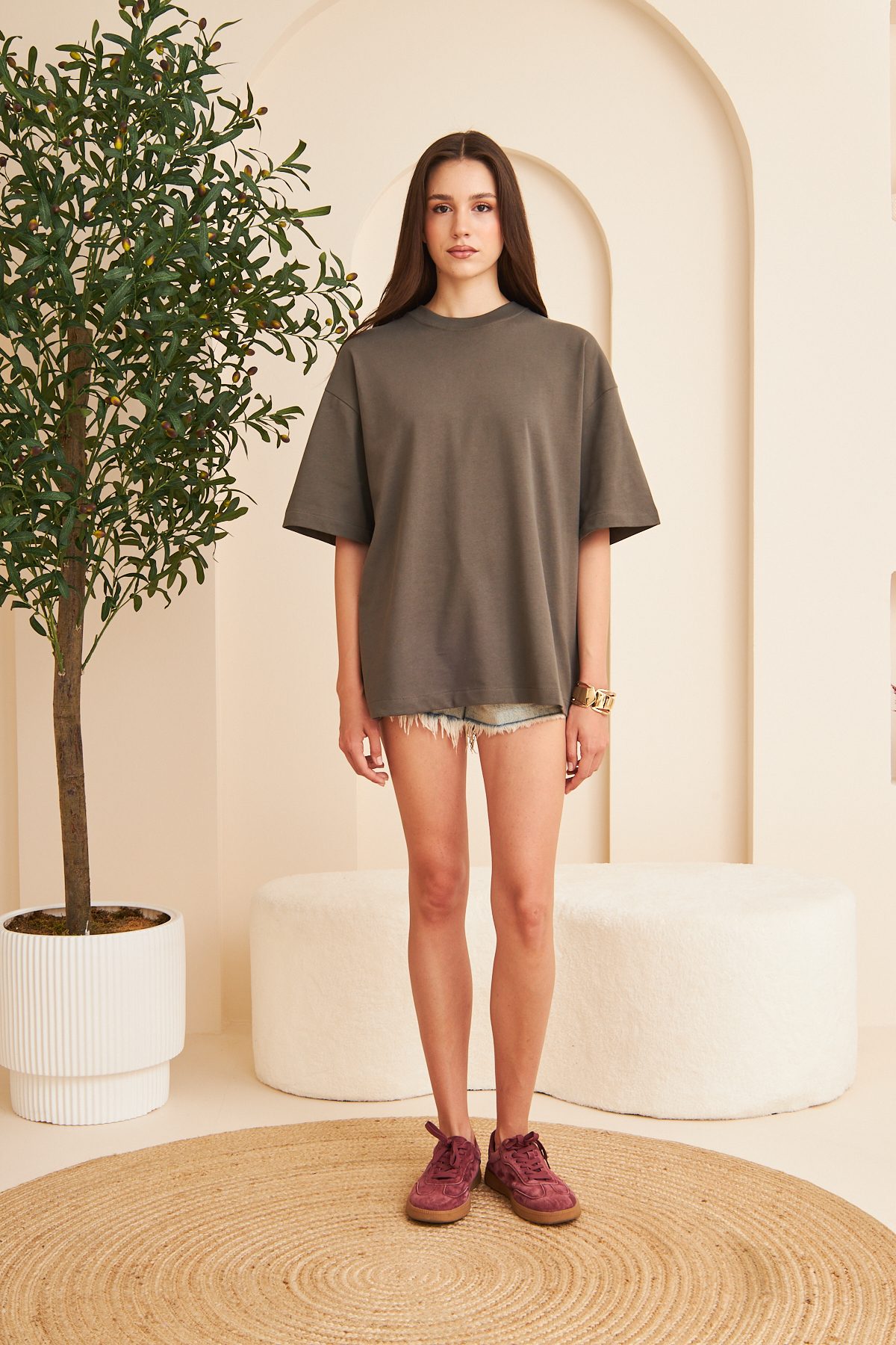 Kadın %100 Pamuk Oversize Kalıp Bisiklet Yaka Basic T-shirt —  (1)