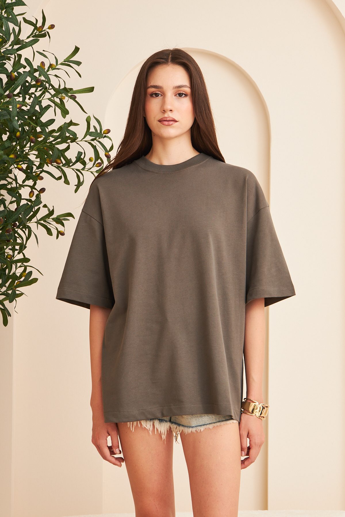 Kadın %100 Pamuk Oversize Kalıp Bisiklet Yaka Basic T-shirt —  (2)