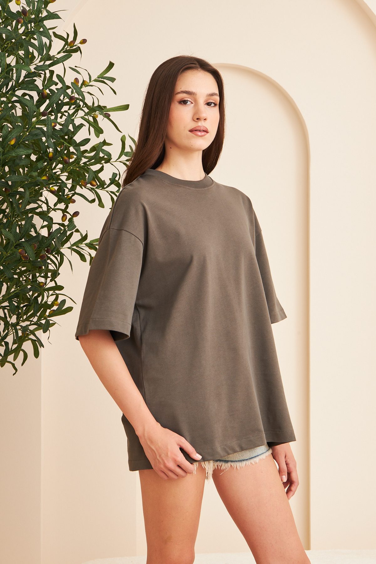 Kadın %100 Pamuk Oversize Kalıp Bisiklet Yaka Basic T-shirt —  (3)