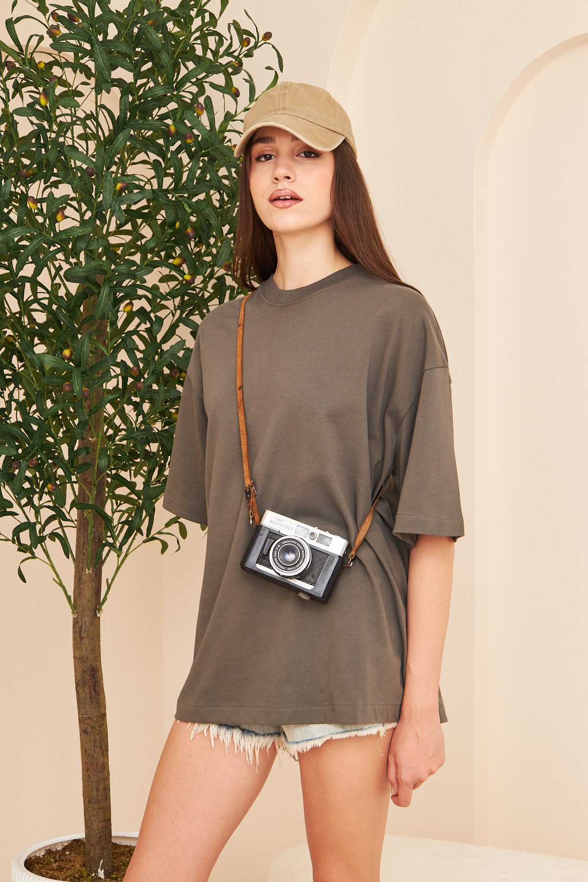 Kadın %100 Pamuk Oversize Kalıp Bisiklet Yaka Basic T-shirt —  (4)