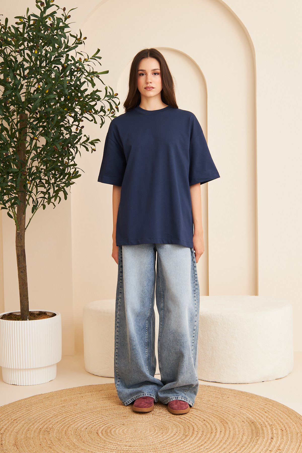 Kadın %100 Pamuk Oversize Kalıp Bisiklet Yaka Basic T-shirt —  (1)