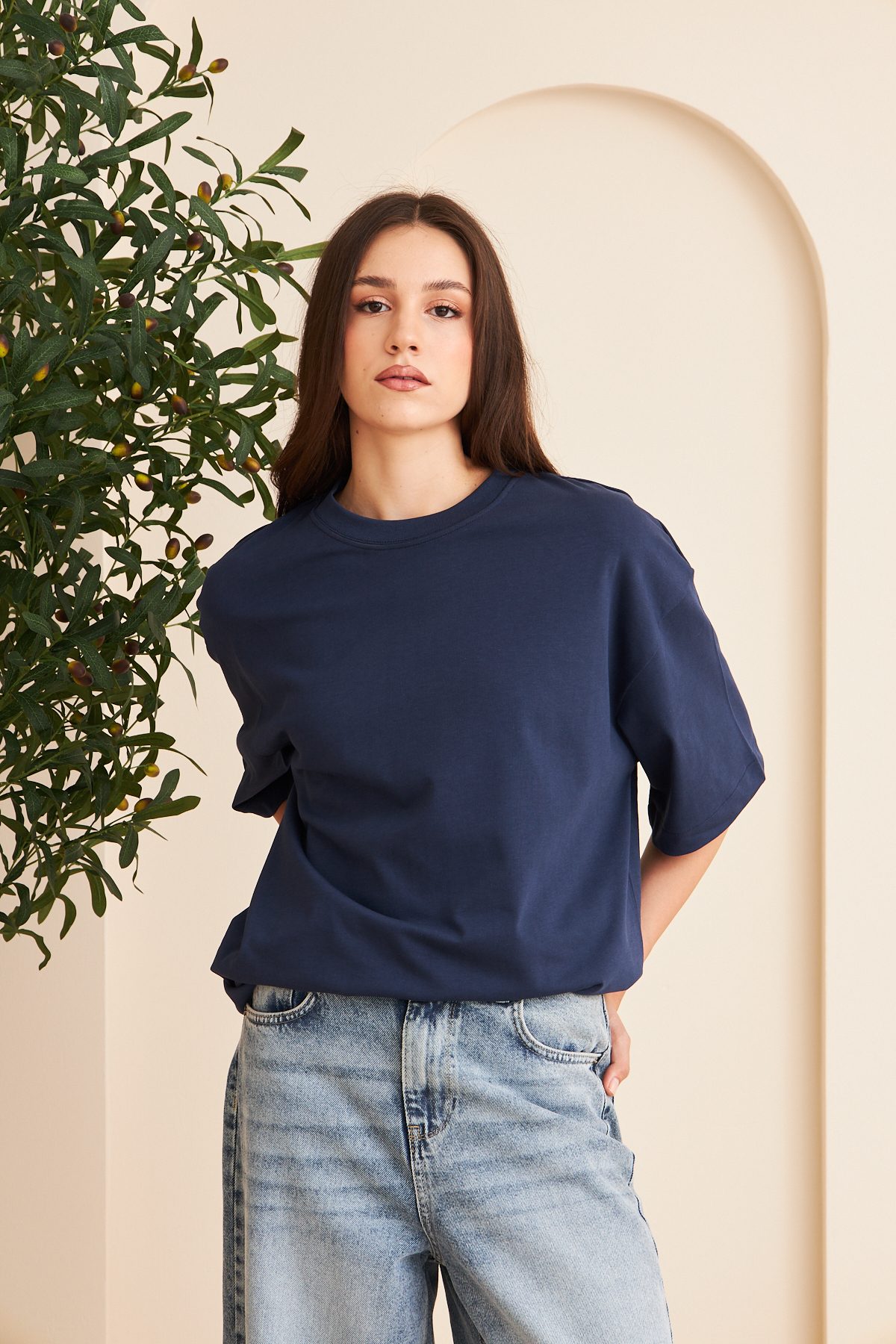 Kadın %100 Pamuk Oversize Kalıp Bisiklet Yaka Basic T-shirt —  (3)