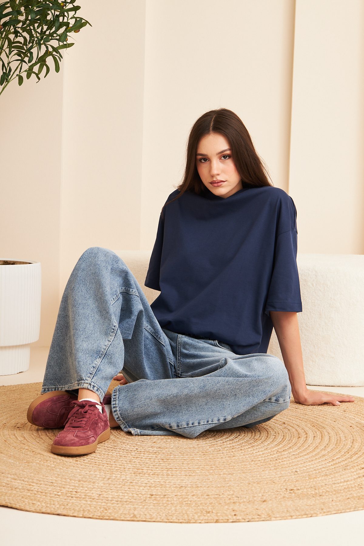 Kadın %100 Pamuk Oversize Kalıp Bisiklet Yaka Basic T-shirt —  (6)