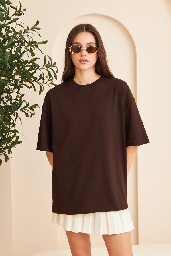 Kadın %100 Pamuk Oversize Kalıp Bisiklet Yaka Basic T-shirt