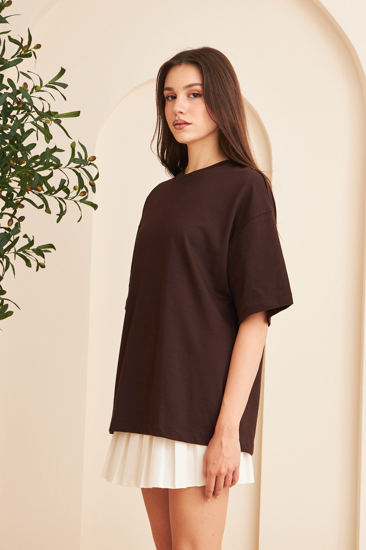 Kadın %100 Pamuk Oversize Kalıp Bisiklet Yaka Basic T-shirt —  (3)