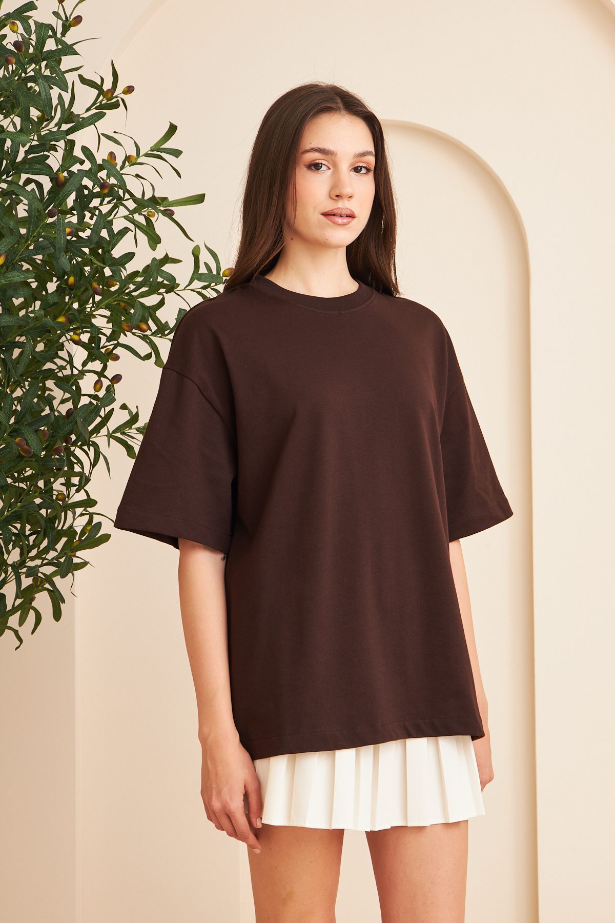 Kadın %100 Pamuk Oversize Kalıp Bisiklet Yaka Basic T-shirt —  (4)