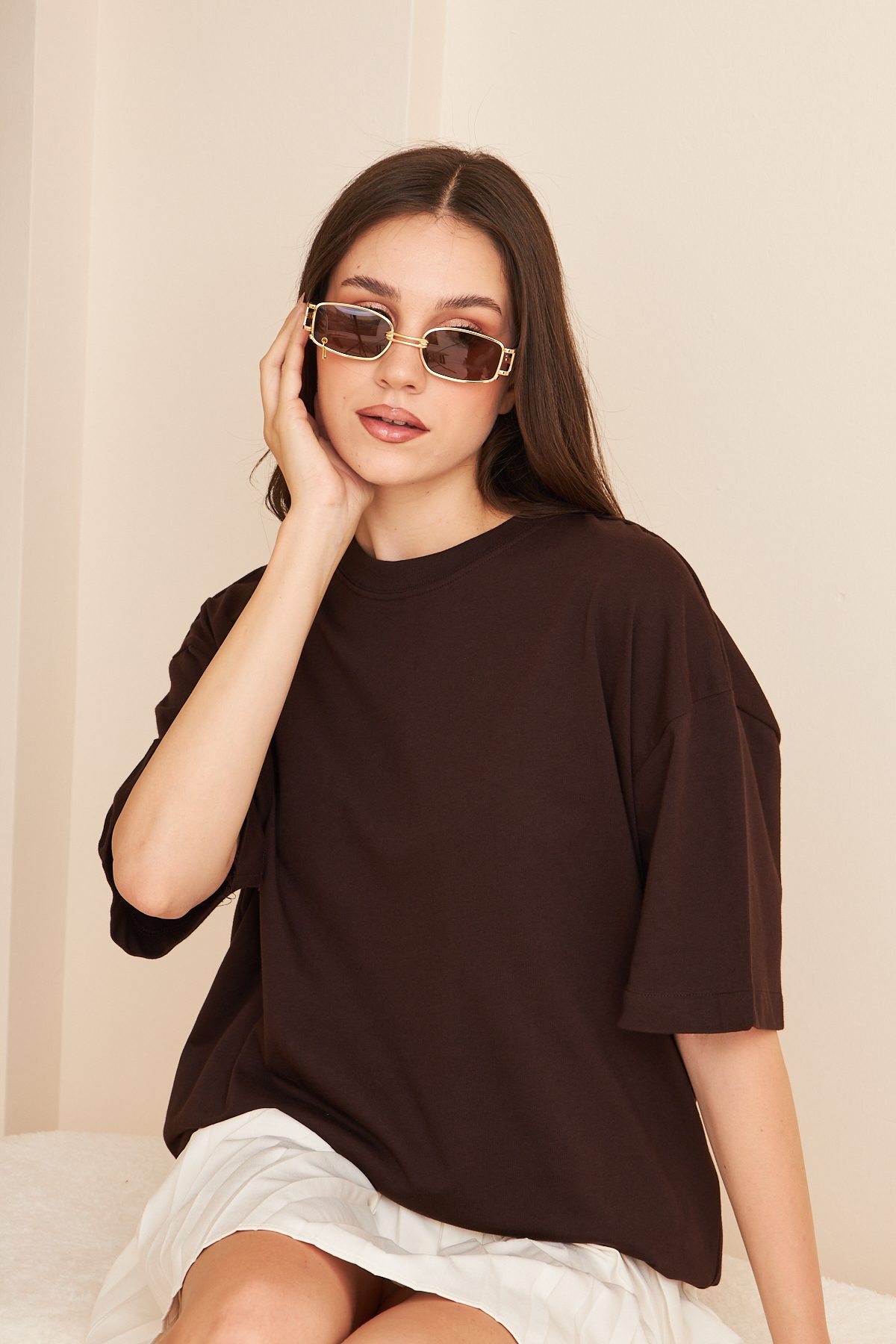 Kadın %100 Pamuk Oversize Kalıp Bisiklet Yaka Basic T-shirt —  (6)