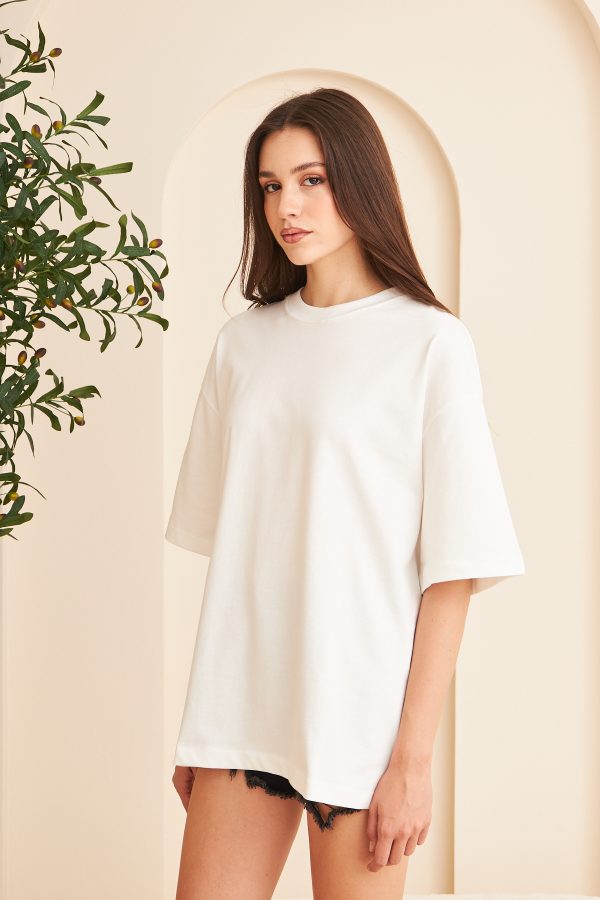Kadın %100 Pamuk Oversize Kalıp Bisiklet Yaka Basic T-shirt