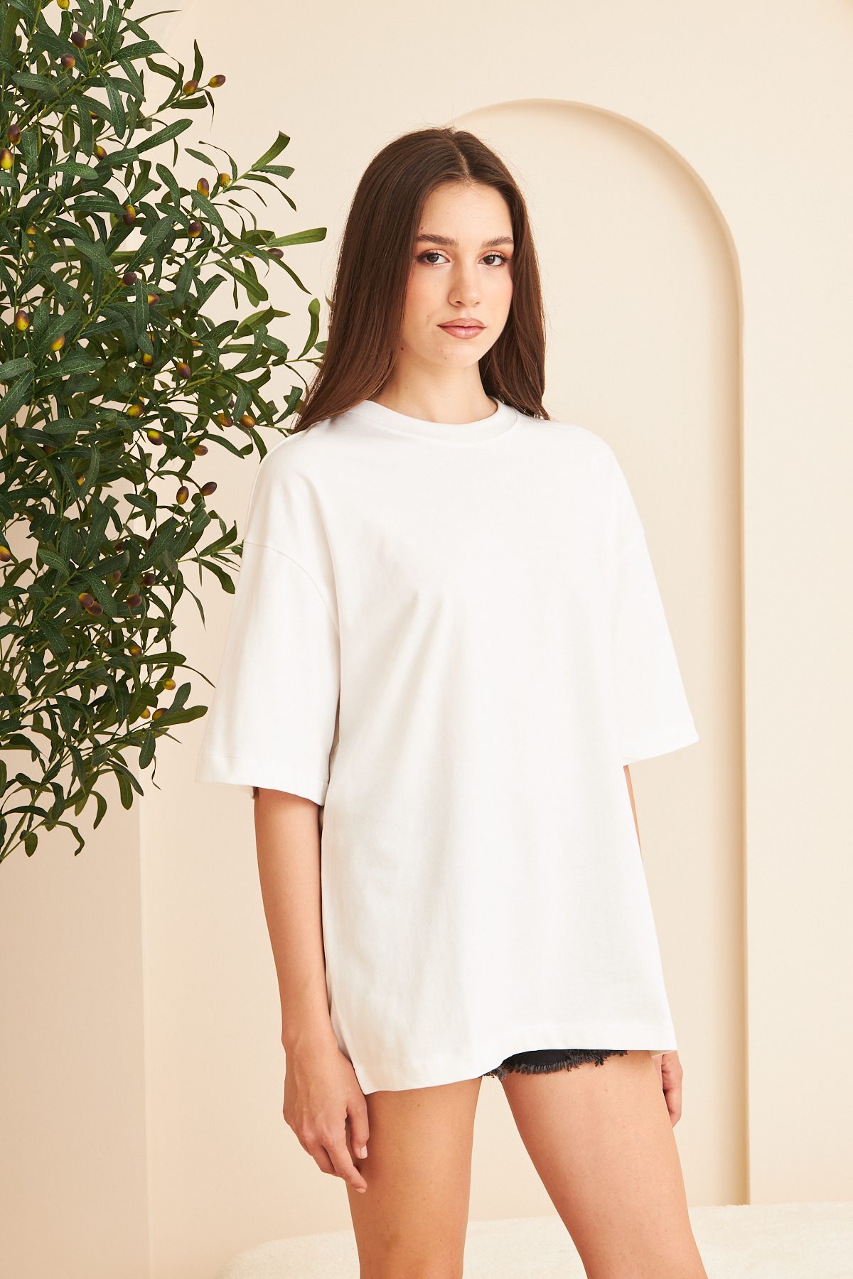 Kadın %100 Pamuk Oversize Kalıp Bisiklet Yaka Basic T-shirt —  (2)