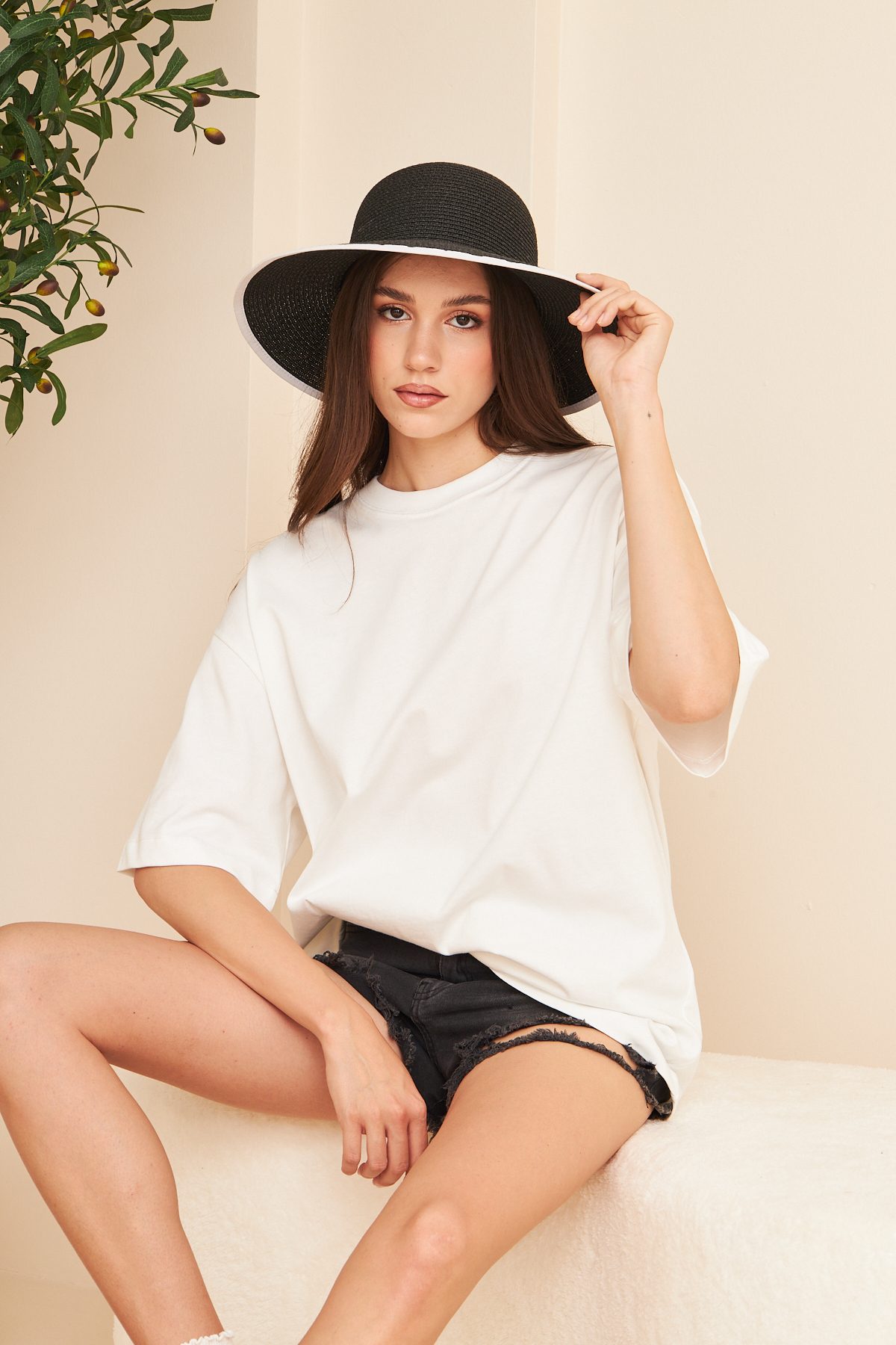 Kadın %100 Pamuk Oversize Kalıp Bisiklet Yaka Basic T-shirt —  (5)