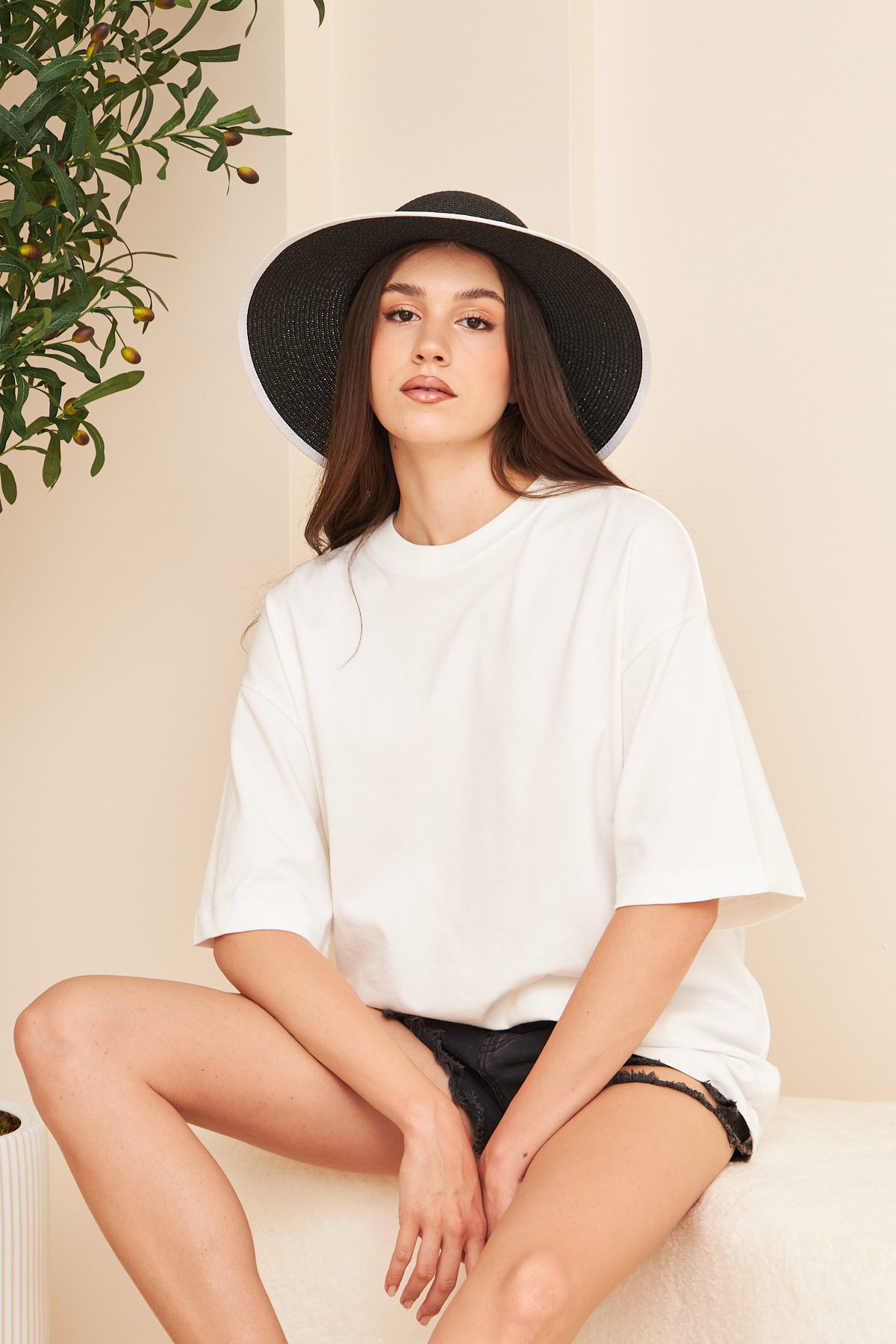 Kadın %100 Pamuk Oversize Kalıp Bisiklet Yaka Basic T-shirt —  (6)