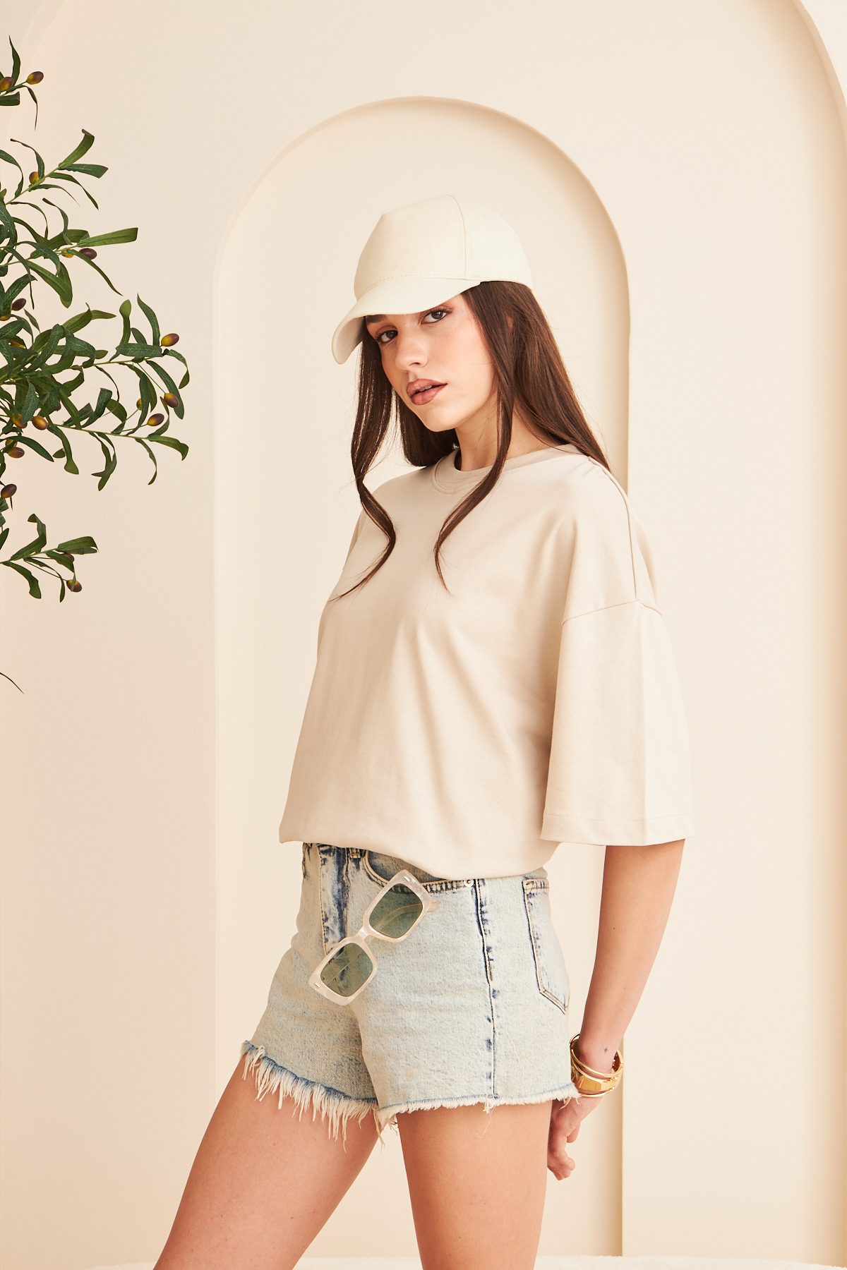 Kadın %100 Pamuk Oversize Kalıp Bisiklet Yaka Basic T-shirt —  (5)