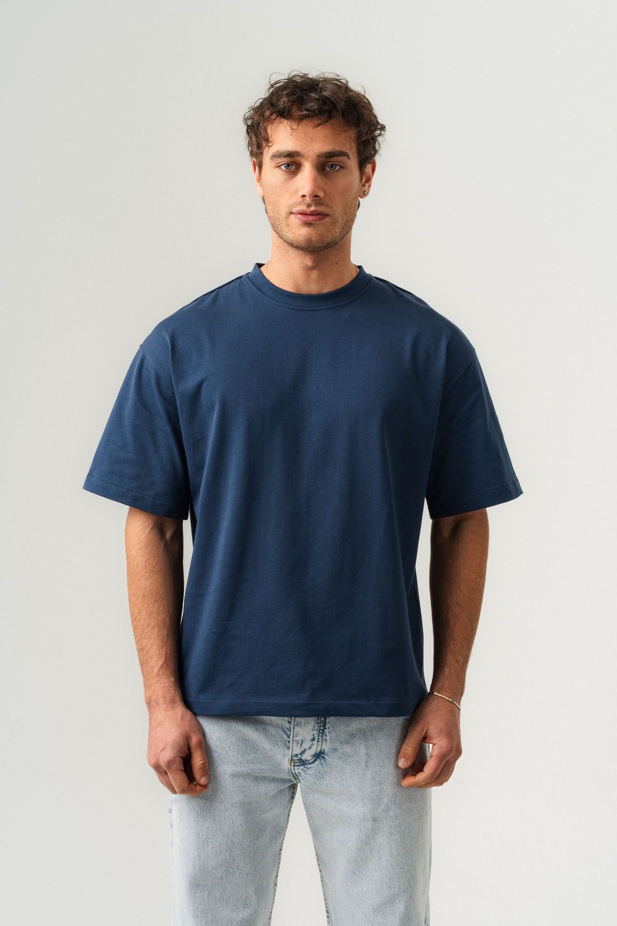 Erkek %100 Pamuk Oversize Kalıp Bisiklet Yaka Basic T-shirt —  (1)