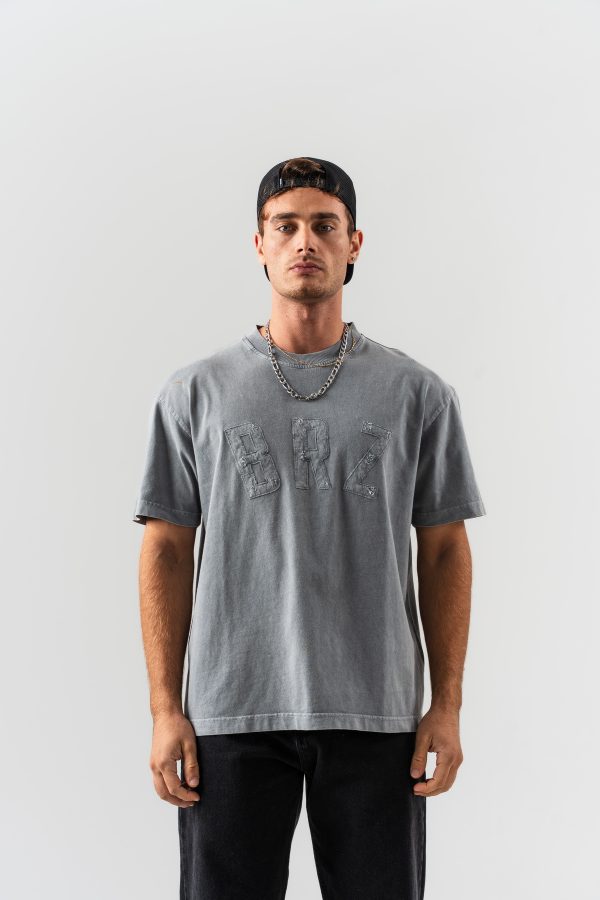 Erkek "BRZ" Aplike Nakışlı Yıkamalı Oversize Kalıp Bisiklet Yaka T-shirt