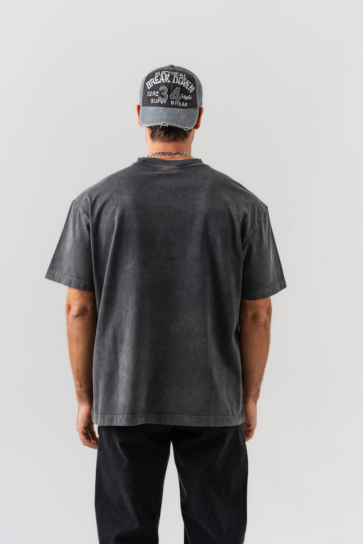 Erkek "BRZ" Aplike Nakışlı Yıkamalı Oversize Kalıp Bisiklet Yaka T-shirt —  (3)