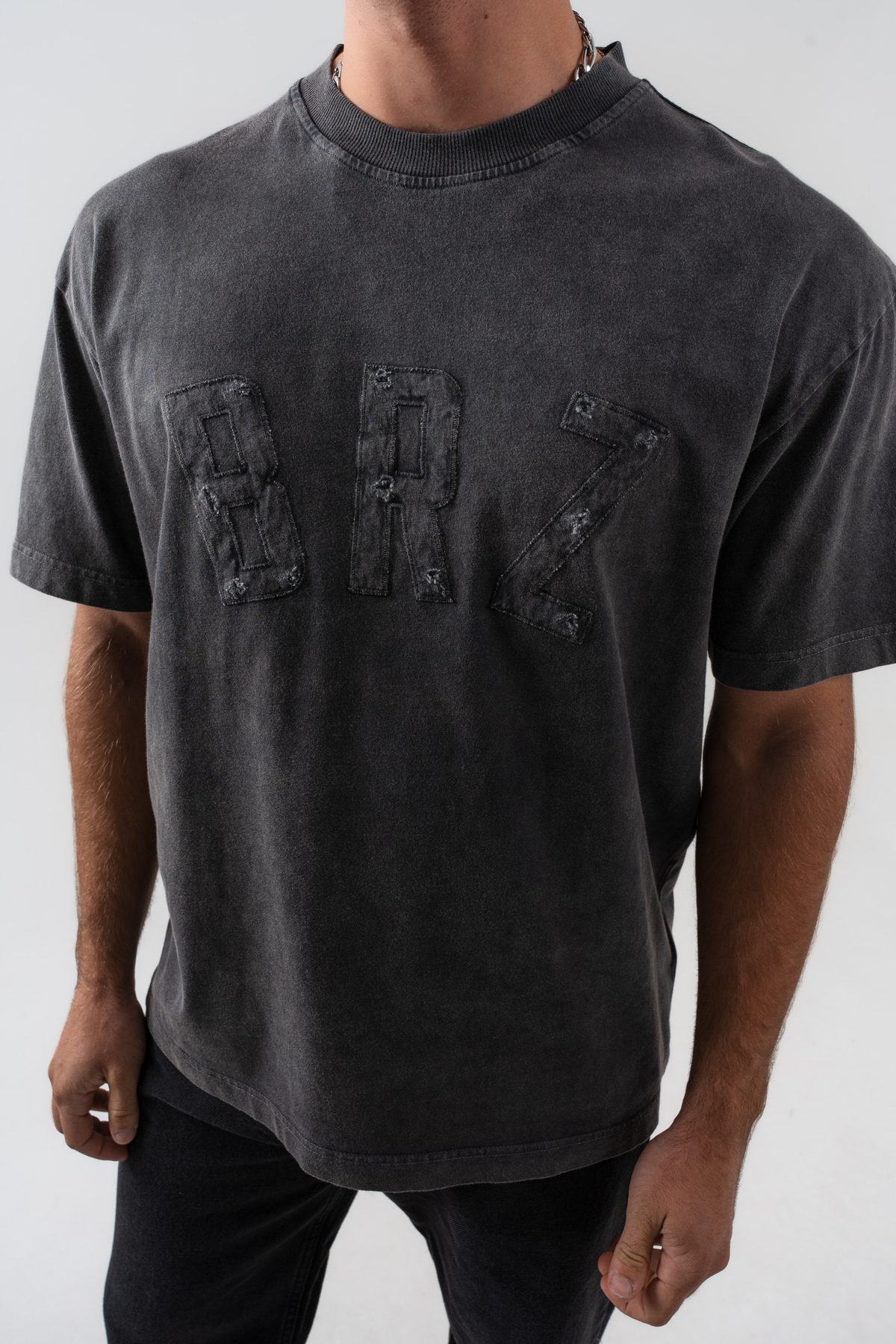 Erkek "BRZ" Aplike Nakışlı Yıkamalı Oversize Kalıp Bisiklet Yaka T-shirt —  (5)
