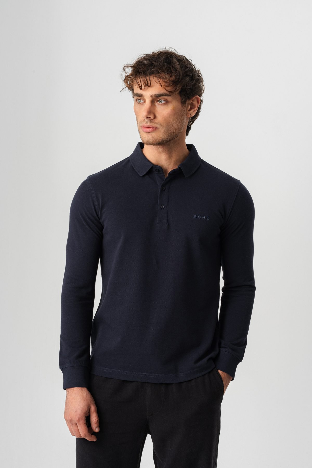 Erkek Lacivert Borz Nakış Detaylı Dayanıklı Esnek Kumaş Slim-Fit Polo Yaka T-shirt —  (6)