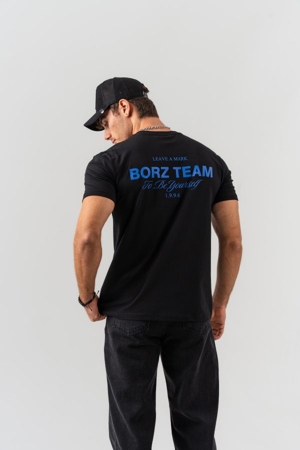 Erkek Siyah Borz Team Sırt Baskılı %100 Pamuk Regular Kalıp Bisiklet Yaka T-shirt